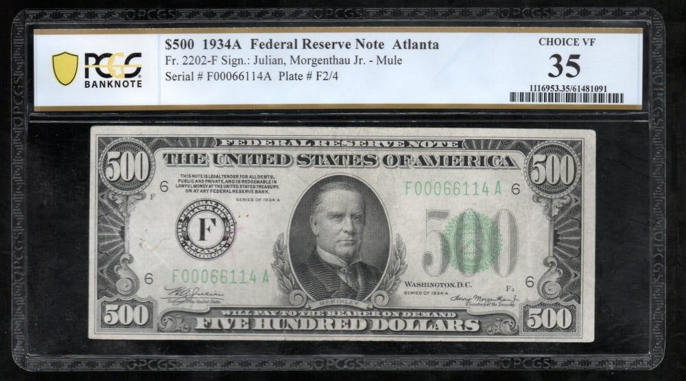 1934A $500 Atlanta FRN PCGS 35: One 1934A $500 Atlanta FRN PCGS 35.