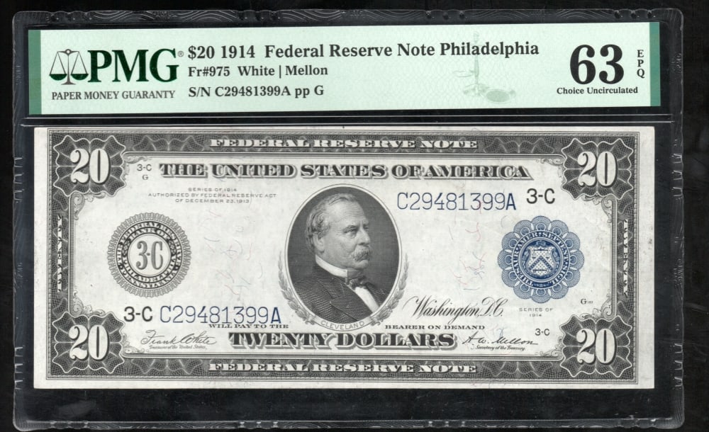 1914 $20 Philadelphia FRN PMG 63EPQ: One 1914 $20 Philadelphia FRN PMG 63EPQ.