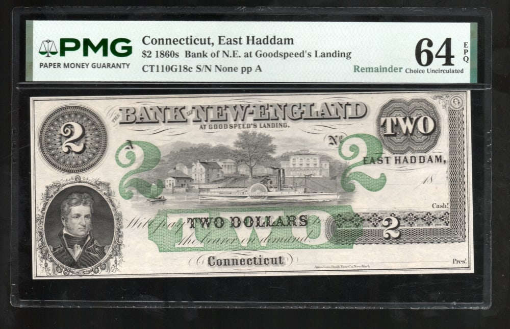 1860s $2 East Haddam CT Obsolete PMG 64EPQ: One 1860s $2 East Haddam CT Obsolete PMG 64EPQ.