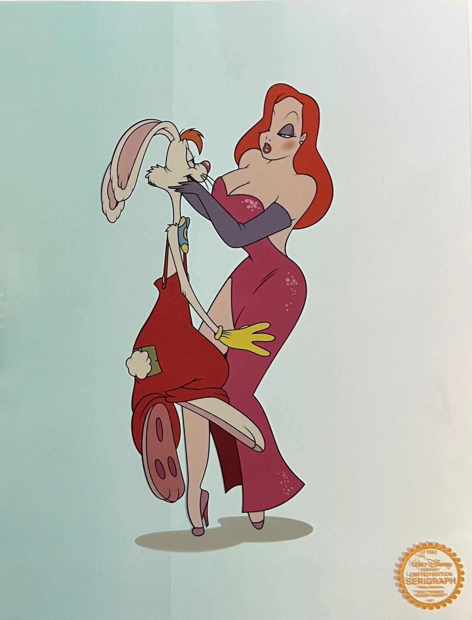 DISNEY JESSICA & ROGER RABBIT Sericel Animation Art Serigraph Cel: This is a Disney Limited Edition Serigraph Cel of Jessica & Roger Rabbit. Disneys own artists have selected this scene from the original animation drawings used to produce this classic 1988 film Who