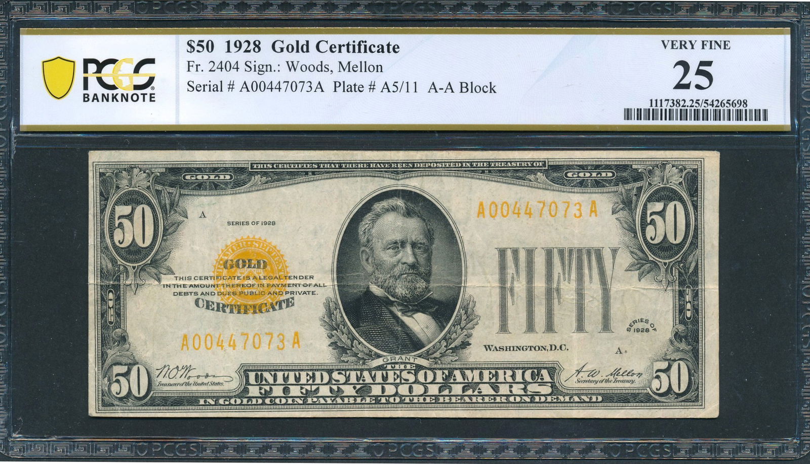 1928 $50 Gold Certificate PCGS 25: One 1928 $50 Gold Certificate PCGS 25.