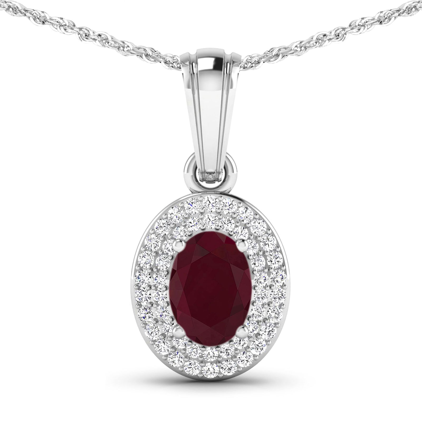 14KT White Gold 0.85ctw Ruby and Diamond Pendant: Ruby (AA) Oval 7x5mm - 1Pc + White Diamond F/C Round 0.90mm - 48Pcs (I1-I2/I color) Total weight of gemstone is 0.85cts. Total Diamond weight is 0.16cts. Total weight of this pendant is 1.45 grams.