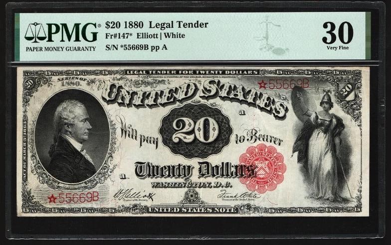 1880 $20 STAR Legal Tender Note PMG 30: One 1880 $20 STAR Legal Tender Note PMG 30.