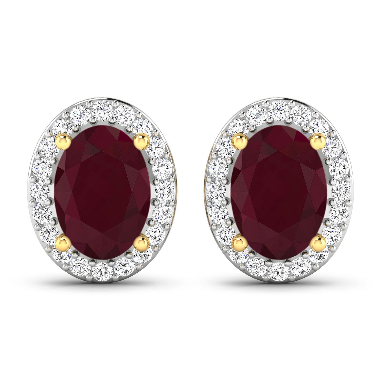 14KT Yellow Gold 1.7ctw Ruby and Diamond Earrings: Ruby (AA) Oval 7x5mm - 2Pcs + White Diamond F/C Round 1.10mm - 40Pcs ( White Pan Rhodium ) (I1-I2/I color) ( Push Post ) Total weight of gemstones is 1.7cts. Total Diamond weight is 0.26cts. Total