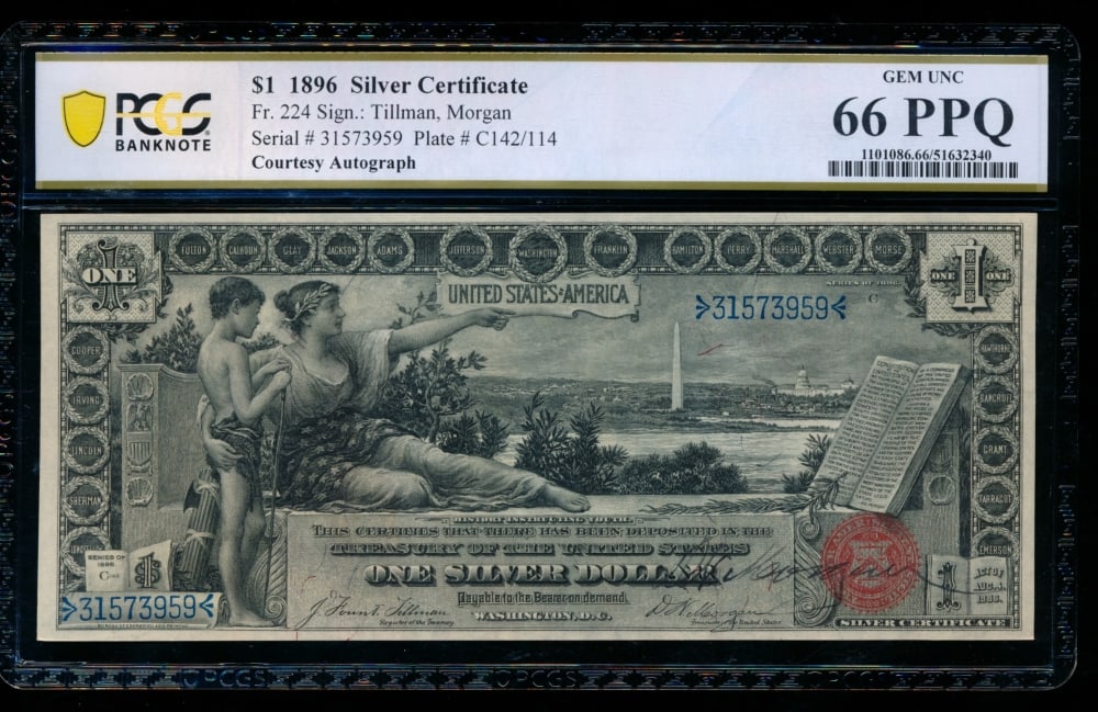1896 $1 Educational Silver Certificate PCGS 66PPQ: One 1896 $1 Educational Silver Certificate PCGS 66PPQ.
