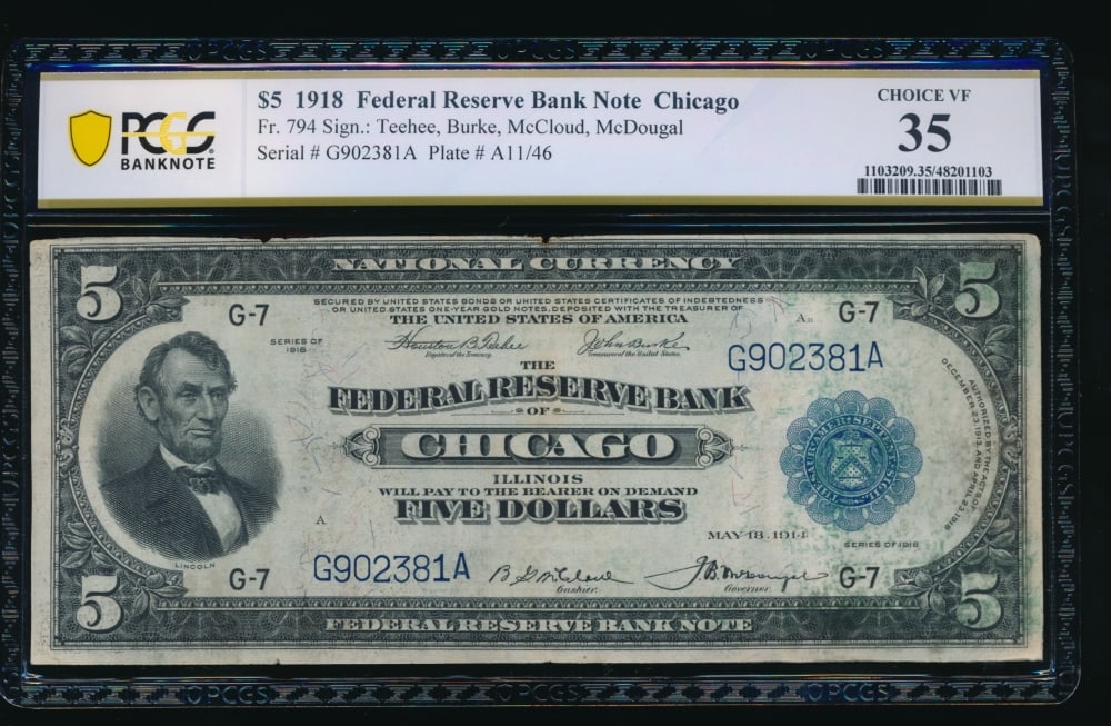 1918 $5 Chicago FRBN PCGS 35: One 1918 $5 Chicago FRBN PCGS 35.