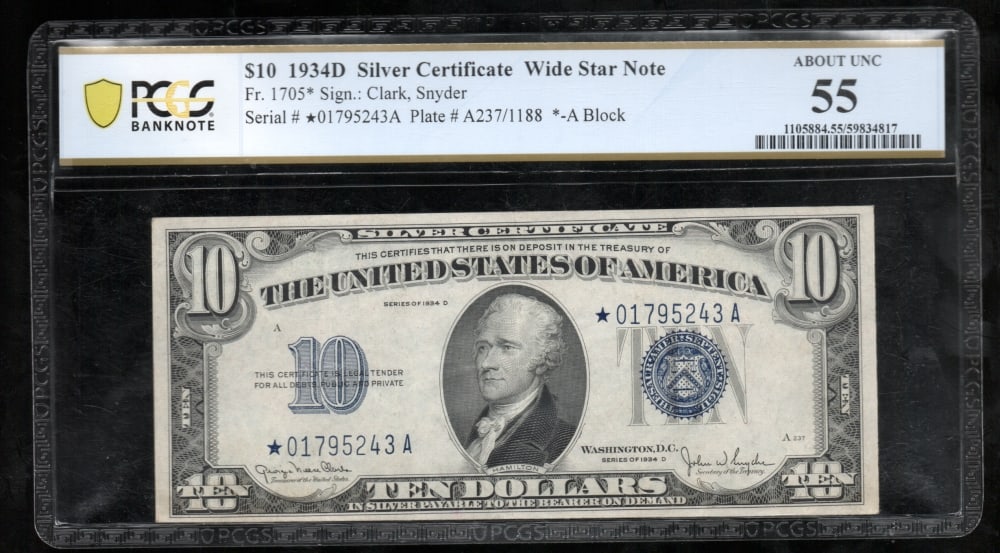1934D $10 STAR Silver Certificate PCGS 55: One 1934D $10 STAR Silver Certificate PCGS 55.