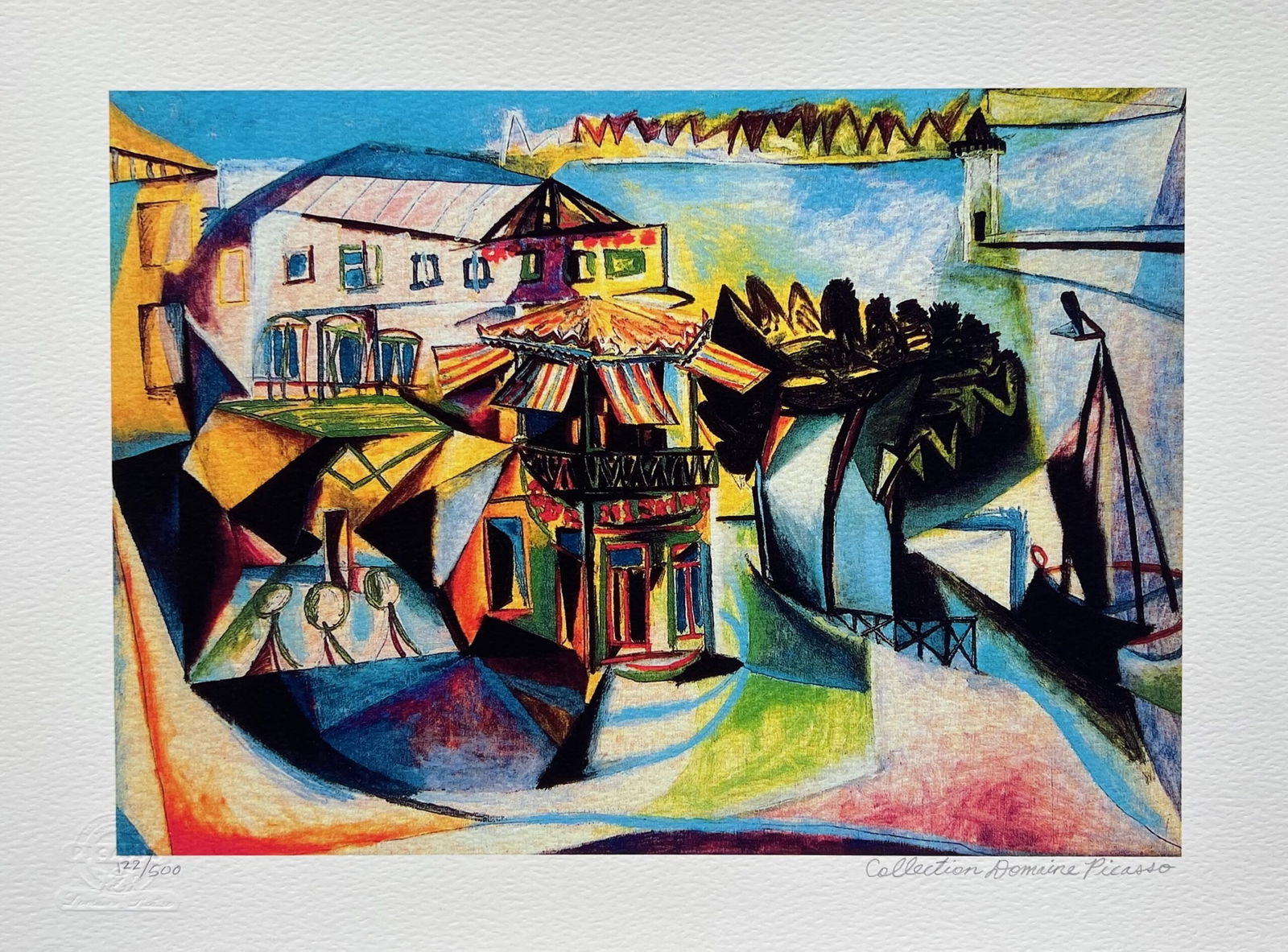 Pablo Picasso CAFE AT ROYAN Estate Signed Limited Edition Giclee: This is a PABLO PICASSO (ESTATE COLLECTION DOMAINE) (1881-1973) small giclee titled CAFE AT ROYAN. This piece is pencil signed on the lower right as Collection Domaine Picasso and has an embossed