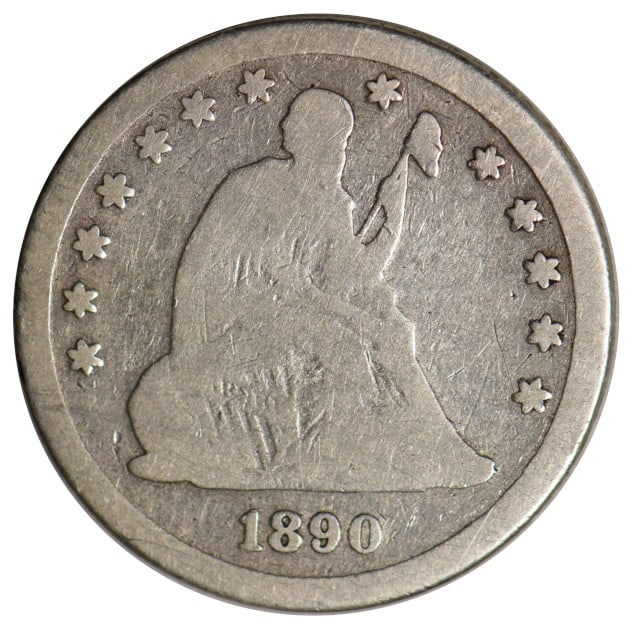 1890 Seated Liberty Quarter Coin: One 1890 Seated Liberty Quarter Coin.