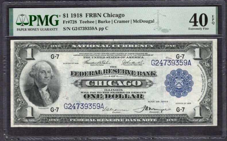 1918 $1 Chicago FRBN PMG 40EPQ: One 1918 $1 Chicago FRBN PMG 40EPQ.