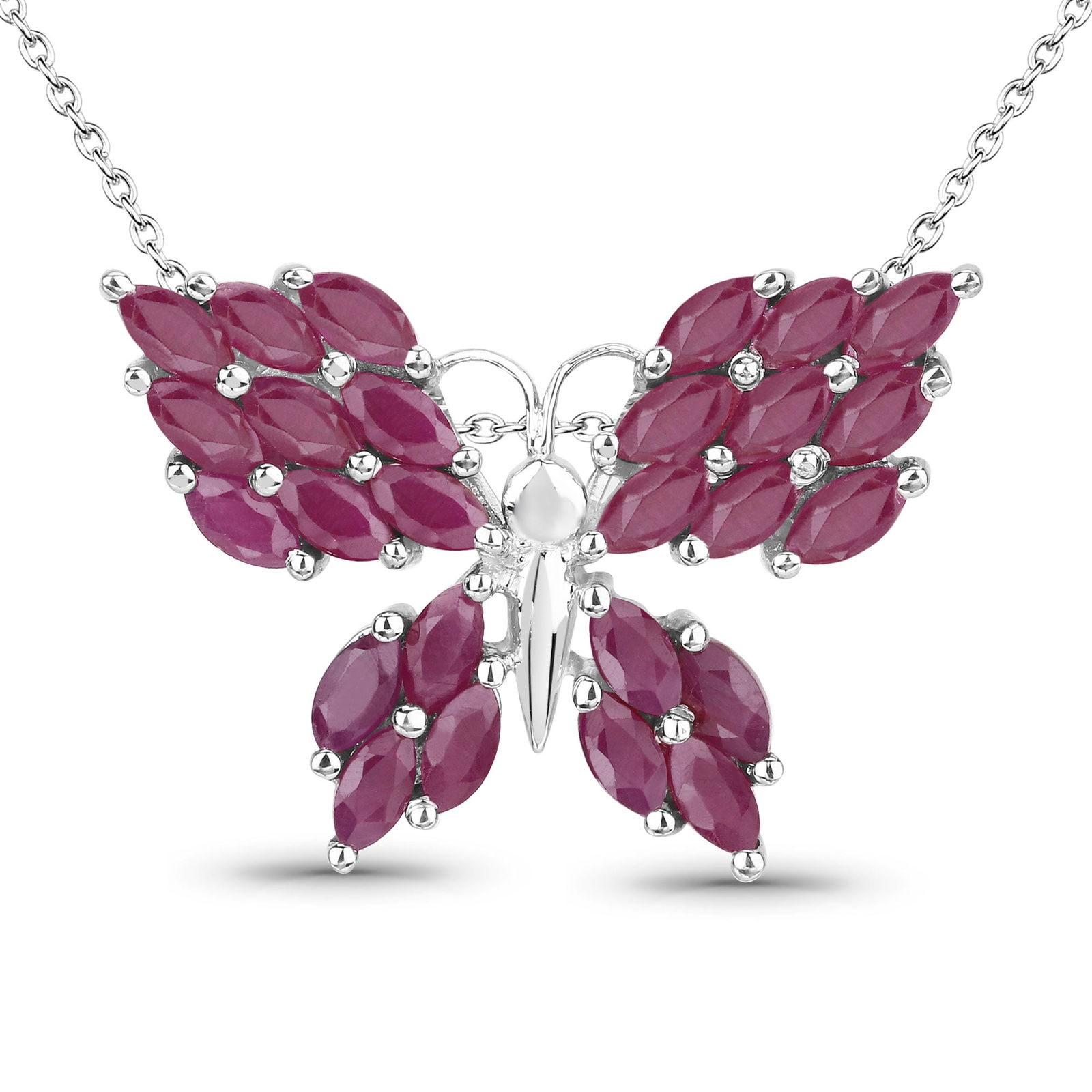 Plated Rhodium 3.12ctw Ruby Pendant: This rhodium?plated .925 sterling silver butterfly pendant features 3.12 ctw of natural, heat?treated marquise?cut rubies, with twenty?six 5×2.50 mm stones creating a vivid pink?red wing design. With