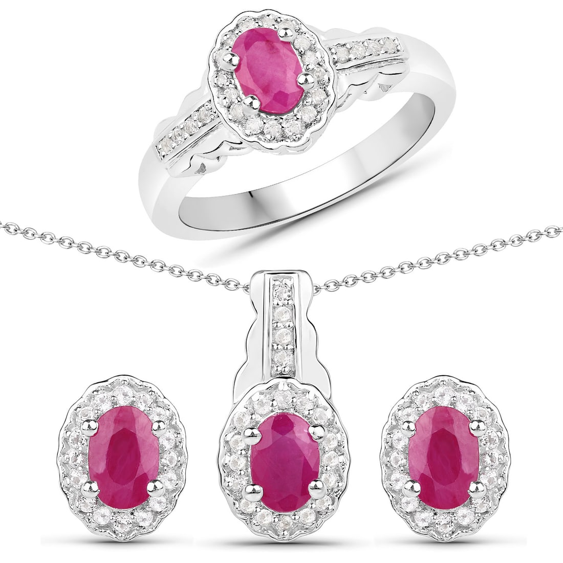 Plated Rhodium 2.46ctw Ruby and White Topaz Jewelry Set: 2.46 Carat Genuine Ruby and White Topaz.925 Sterling Silver 3 Piece Jewelry Set (Ring, Earrings, and Pendant w/ Chain).Ruby Oval/6x4mm - 4/2.08 ctw Prong Setting Natural Heat Treated F + White Topaz