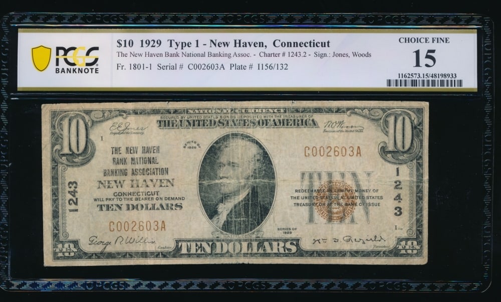 1929 $10 New Haven CT National PCGS 15: One 1929 $10 New Haven CT National PCGS 15.
