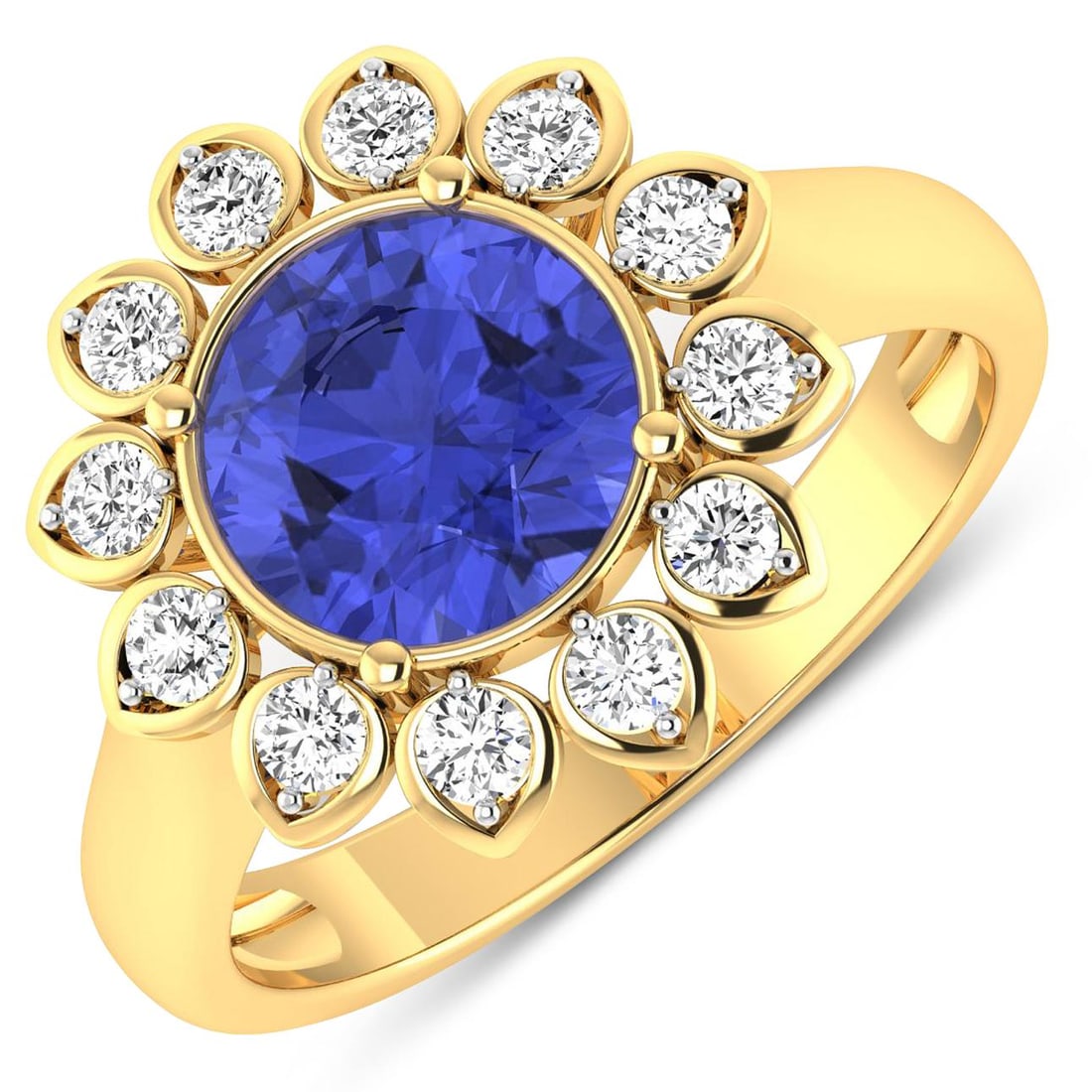14KT Yellow Gold 2.02ctw Tanzanite and Diamond Ring: Tanzanite (AA+) Round 8.00mm - 1Pc + White Diamond F/C Round 2.00mm - 12Pcs ( White Pan Rhodium ) ( SI-2/HI ) Total weight of gemstone is 2.02cts. Total Diamond weight is 0.36cts. Total weight of