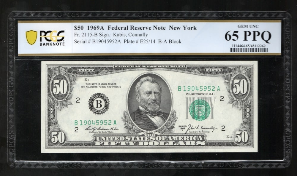 1969A $50 New York FRN PCGS 65PPQ: One 1969A $50 New York FRN PCGS 65PPQ.