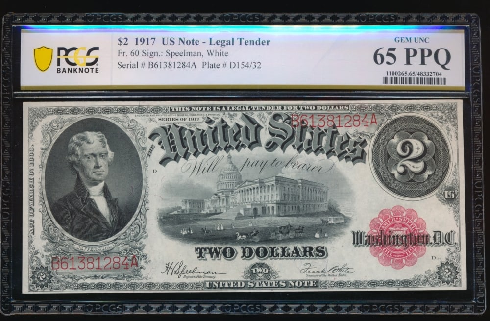 1917 $2 Legal Tender Note PCGS 65PPQ: One 1917 $2 Legal Tender Note PCGS 65PPQ.