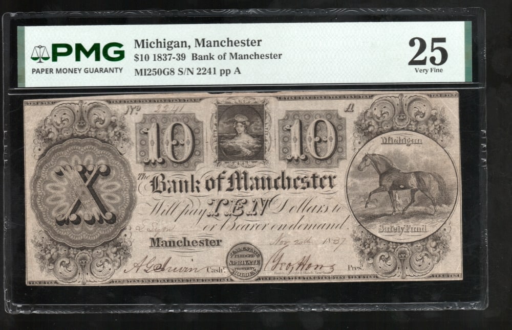 1837 $10 Manchester MI Obsolete PMG 25: One 1837 $10 Manchester MI Obsolete PMG 25.