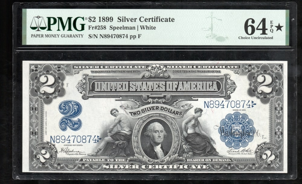 1899 $2 Mini Porthole Silver Certificate PMG 64EPQ* (1 of 2)