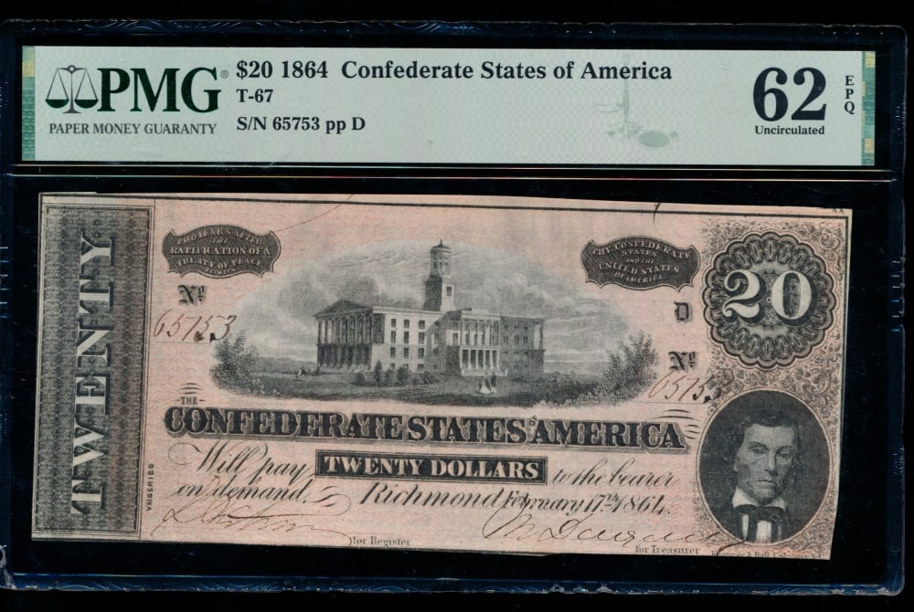 1864 $20 T-67 Confederate PMG 62EPQ (1 of 2)