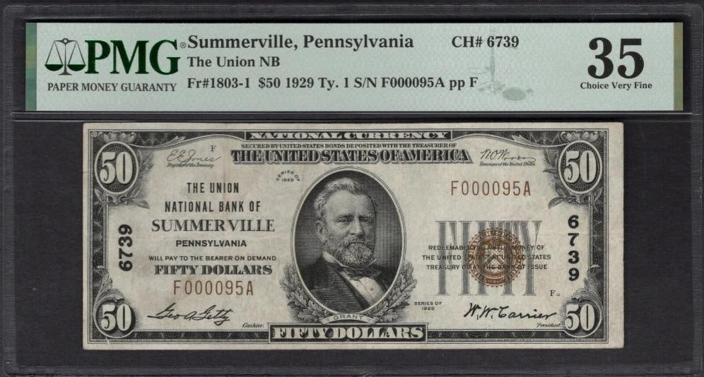 1929 $50 Summerville PA National PMG 35: One 1929 $50 Summerville PA National PMG 35.