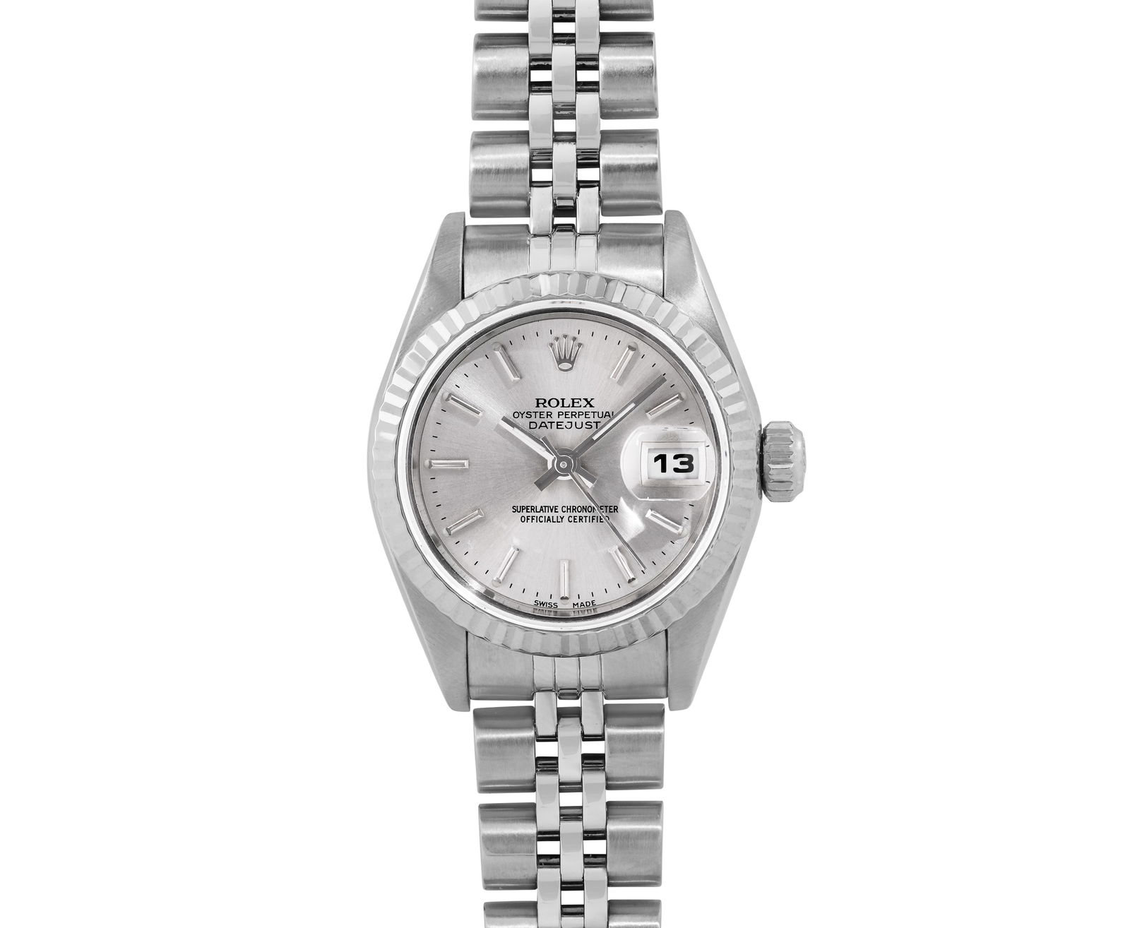 Rolex Ladies Stainless Steel Silver Index 18K White Gold Fluted Quickset Datejust Watch (1 of 8)