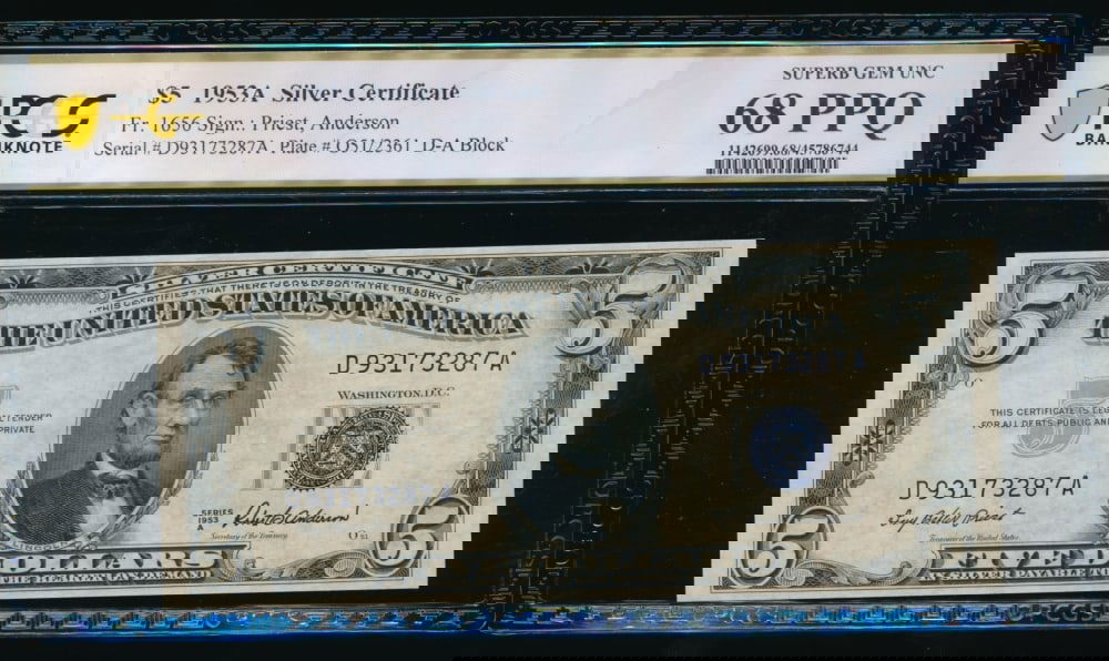 1953A $5 Silver Certificate PCGS 68PPQ: One 1953A $5 Silver Certificate PCGS 68PPQ.