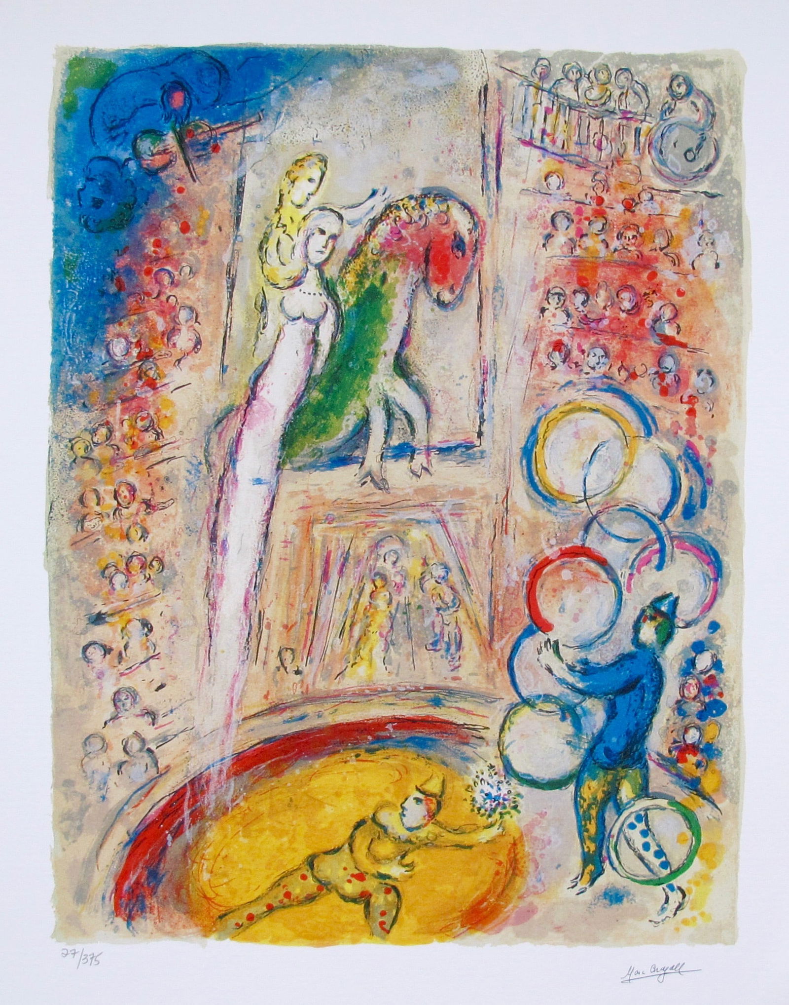 Marc Chagall CIRCUS IV Facsimile Signed Limited Edition Giclee: This is a Marc Chagall limited edition small giclee titled CIRCUS IV. This giclee is facsimile signed on the lower right and is pencil numbered on the lower left from an edition of 375. Paper measures