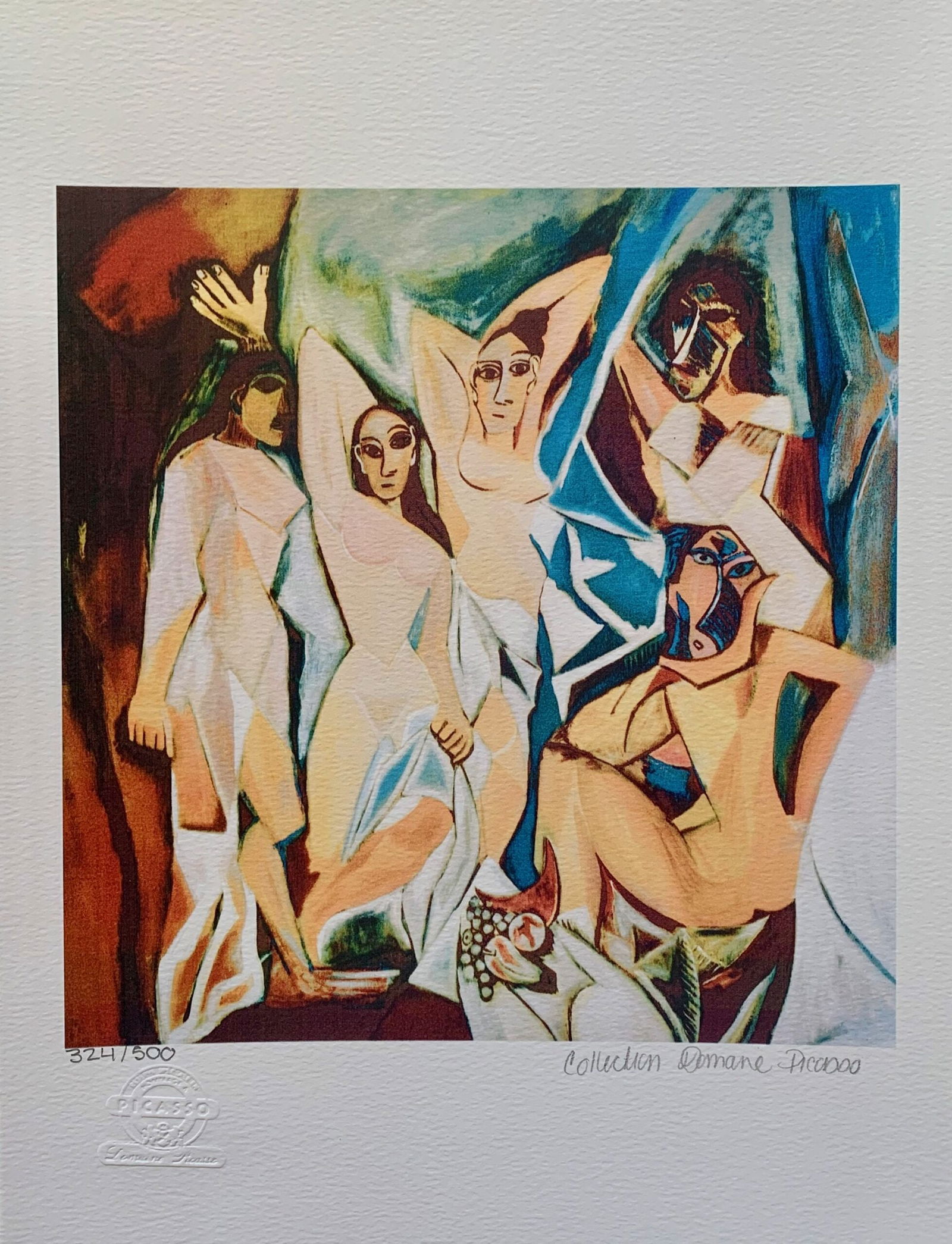 Pablo Picasso WOMEN OF AVIGNON Estate Signed Limited Edition Giclee: This is a PABLO PICASSO (ESTATE COLLECTION DOMAINE) (1881-1973) giclee titled WOMEN OF AVIGNON. This piece is hand pencil signed on the lower right as Collection Domaine Picasso and has an embossed se