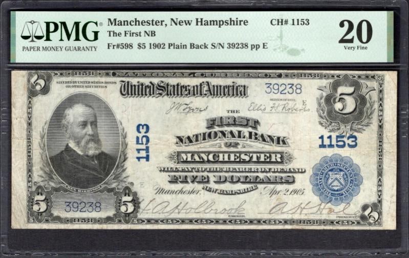 1902 $5 Manchester NH National PMG 20: One 1902 $5 Manchester NH National PMG 20.