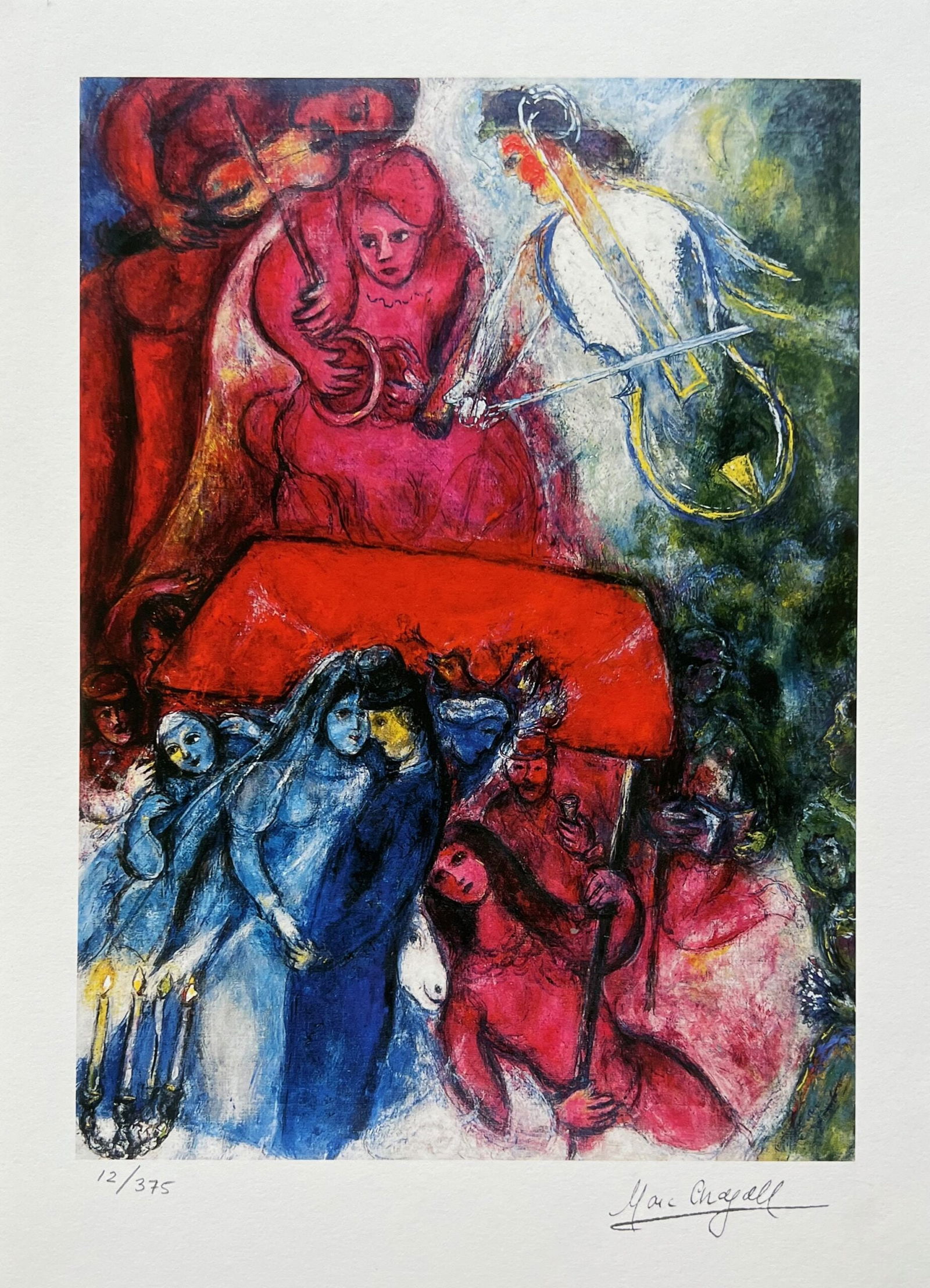 Marc Chagall THE WEDDING Limited Edition Facsimile Signed Giclee: This is a Marc Chagall limited edition small giclee titled THE WEDDING. This giclee is facsimile signed on the lower right and is pencil numbered on the lower left from an edition of 375. Paper measur