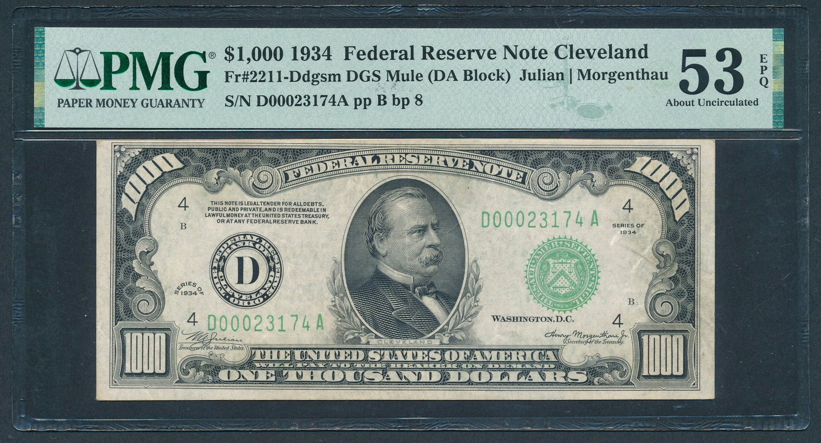 1934 $1000 Cleveland FRN PMG 53EPQ: One 1934 $1000 Cleveland FRN PMG 53EPQ.