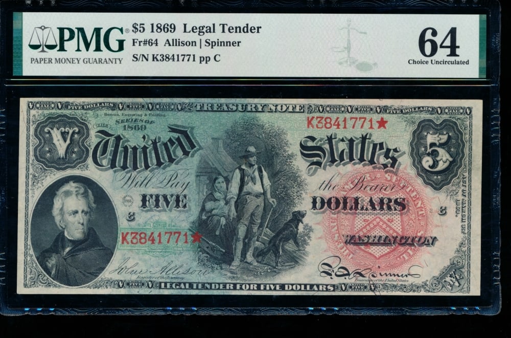 1869 $5 Legal Tender Note PMG 64: One 1869 $5 Legal Tender Note PMG 64.