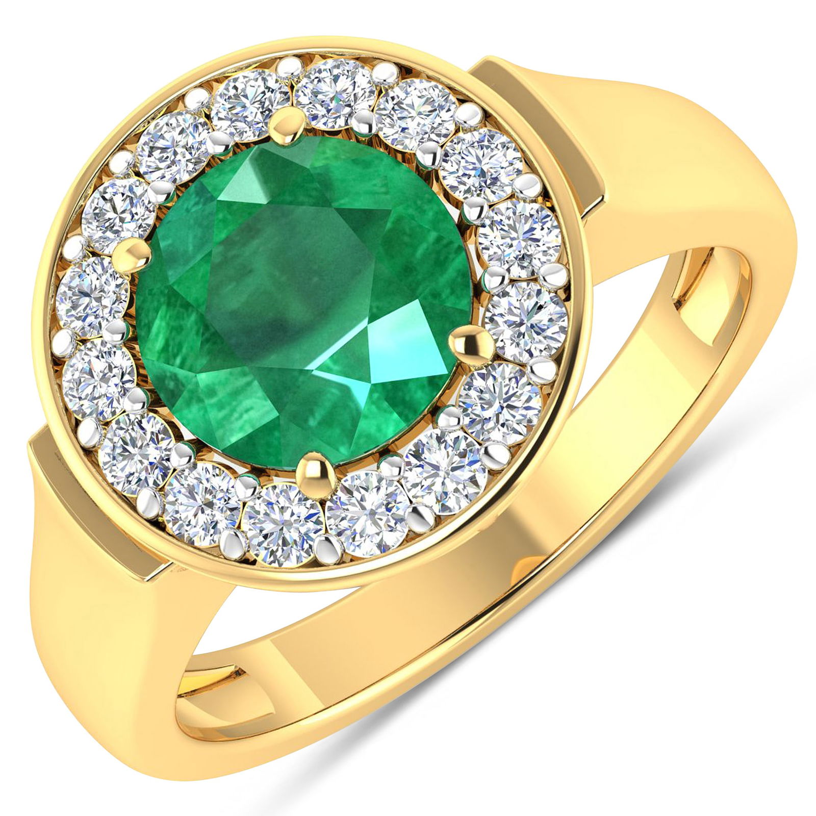 14KT Yellow Gold 1.8ct Zambian Emerald and Diamond Ring: Zambian Emerald (AA) Round 8.00mm - 1Pc + White Diamond F/C Round 2.00mm - 16Pcs ( White Pan Rhodium ) ( Diamond Quality : SI-2/HI ). Total weight of gemstone is 1.8cts. Total weight of Diamonds is