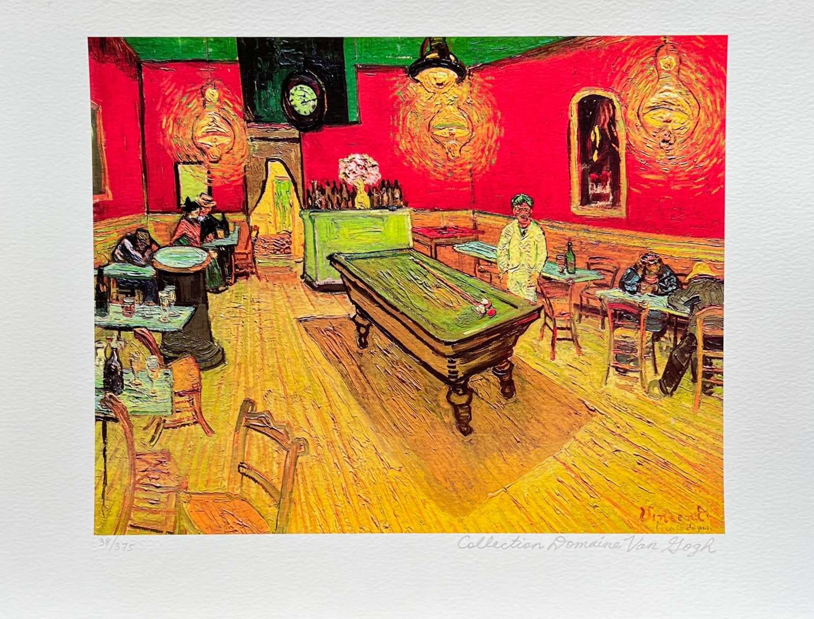 Vincent Van Gogh NIGHT CAFE Estate Signed Giclee: This is a VINCENT VAN GOGH (ESTATE COLLECTION DOMAINE) reproduction giclee titled The Night Cafe, Billiard Room. This piece is pencil signed on the lower right as Collection Domaine Van Gogh and has a