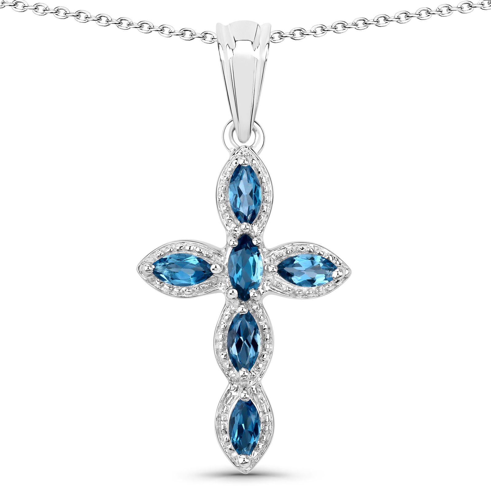 Plated Rhodium 1.02ctw London Blue Topaz Pendant: This rhodium?plated .925 sterling silver cross pendant features 1.02 ctw of natural London blue topaz, showcasing six 5×2.50 mm marquise?cut stones arranged in a sleek, elongated design. With a 4.64?