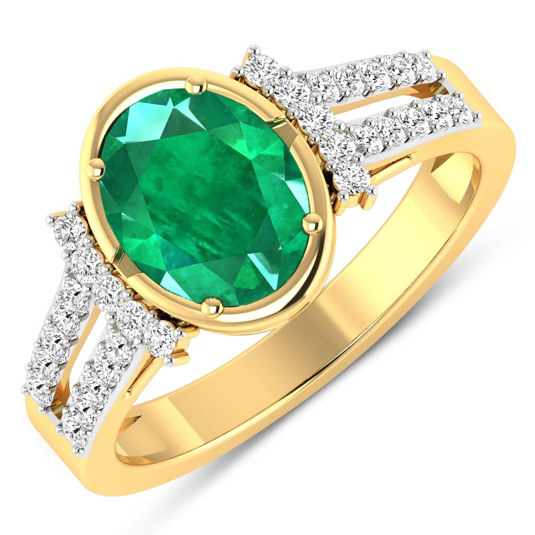 14KT Yellow Gold 1.53ctw Zambian Emerald and Diamond Ring: Zambian Emerald (AA) Oval 9x7mm - 1Pc + White Diamond F/C Round 1.30mm - 30Pcs ( White Pan Rhodium ) ( SI-2/HI ) Total weight of gemstone is 1.53cts. Total Diamond weight is 0.3cts. Total weight of th