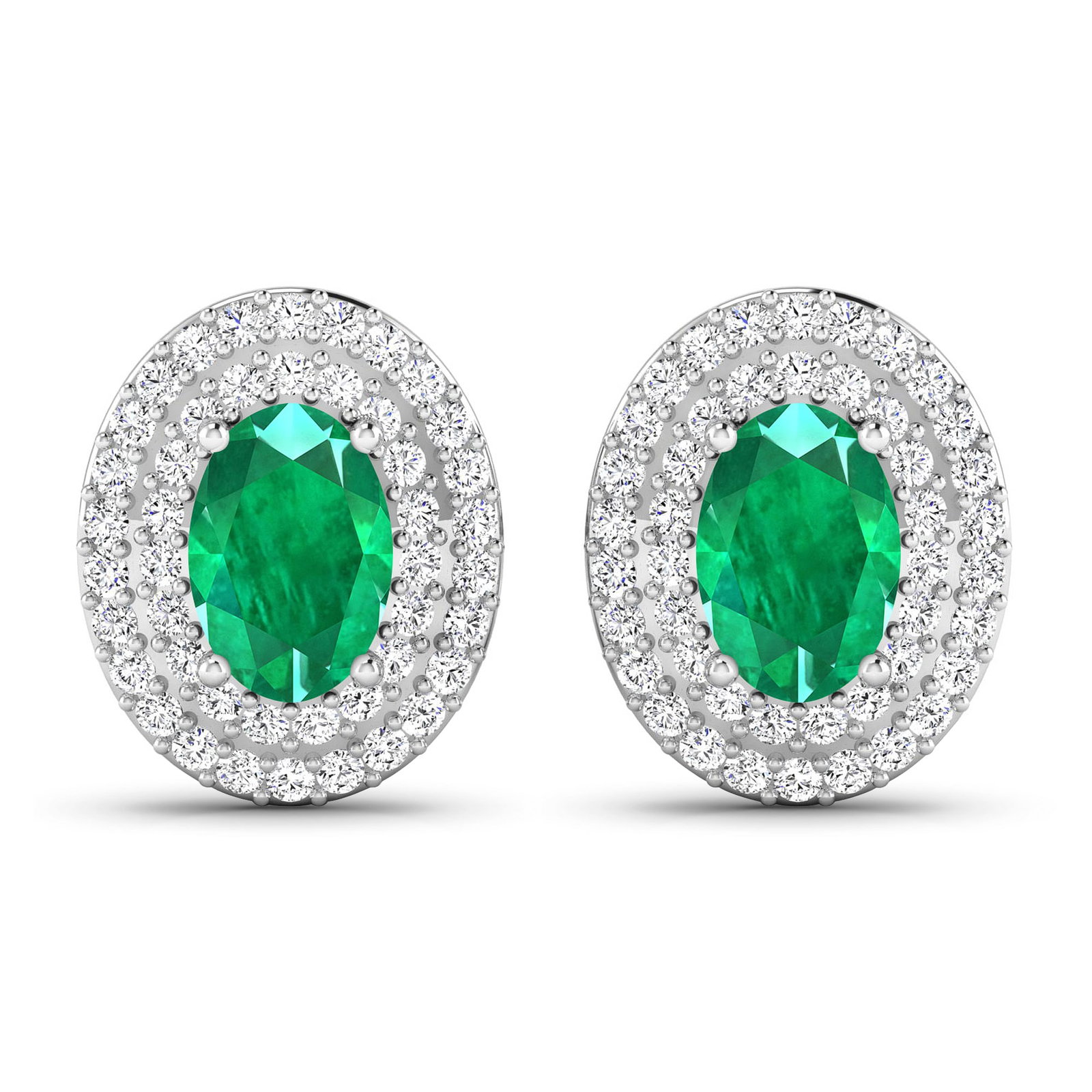 14KT White Gold 0.76ctw Zambian Emerald and Diamond Earrings: Zambian Emerald (AA) Oval 6x4mm - 2Pcs + White Diamond F/C Round 0.90mm - 90Pcs (I1-I2/I color) ( Push Post ) Total weight of gemstones is 0.76cts. Total Diamond weight is 0.31cts. Total weight of the