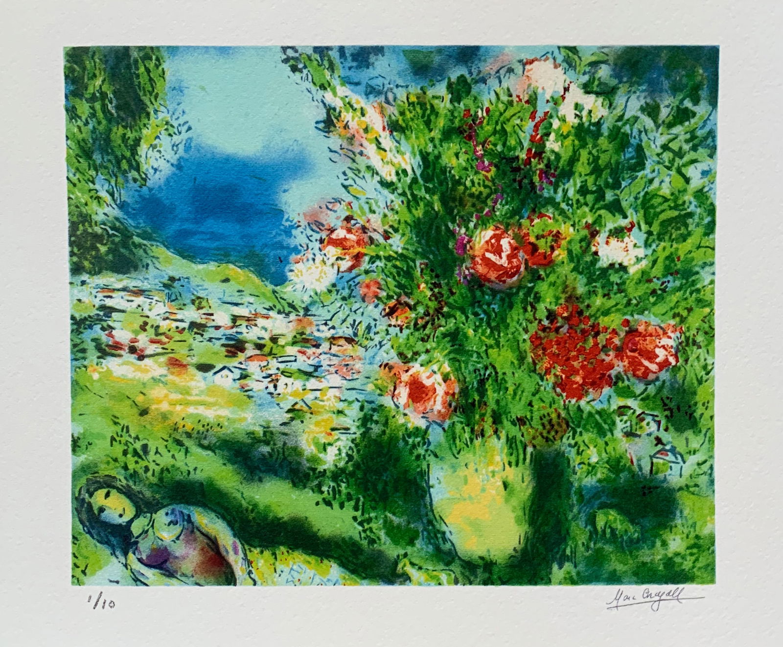 Marc Chagall PAYSAGE Limited Edition Facsimile Signed Giclee: This is a Marc Chagall limited edition extra small giclee titled PAYSAGE. This giclee is facsimile signed on the lower right and is pencil numbered 1 on the lower left from an edition of only 10. Pape