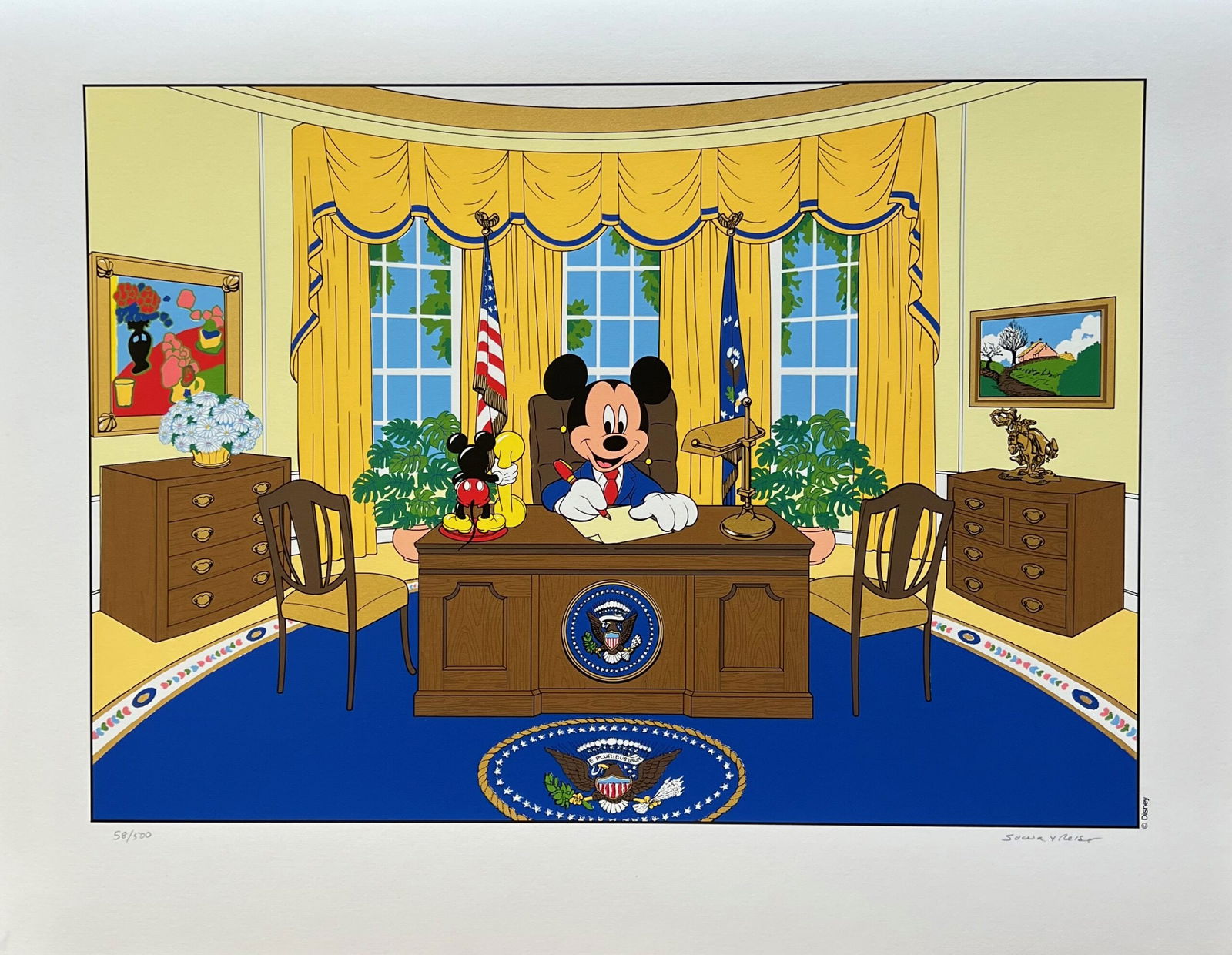 Disney MICKEY MOUSE FOR PRESIDENT Limited Edition Serigraph Art Oval Office: This is a rare Walt Disney silkscreen titled Mickey for President – Oval Office. This vintage treasure would beautifully grace the walls of any Disney fan and is a must have. This is a top quality s