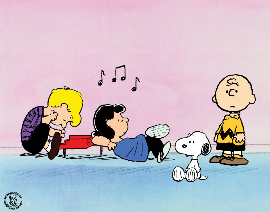 PEANUTS Sericel Animation Art Lucy Snoopy Charlie Brown Schroeder: This is a Peanuts Limited Edition Sericel titled Beethoven Symphony. This fantastic animation features Lucy, Schroeder, Charlie Brown and Snoopy as they appeared in the original animated cartoon. Meas