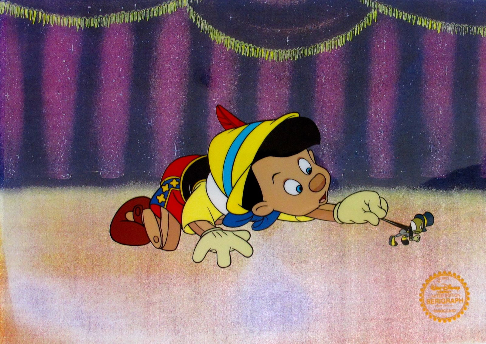 Disney PINOCCHIO Serigraph Sericel Animation Art Cel: This is a GENUINE Original Limited Edition Serigraph Cel of Pinocchio and Jiminy Cricket from 1939 Walt Disney Studios – PINOCCHIO. The classic Story that makes us never want to tell a lie since its