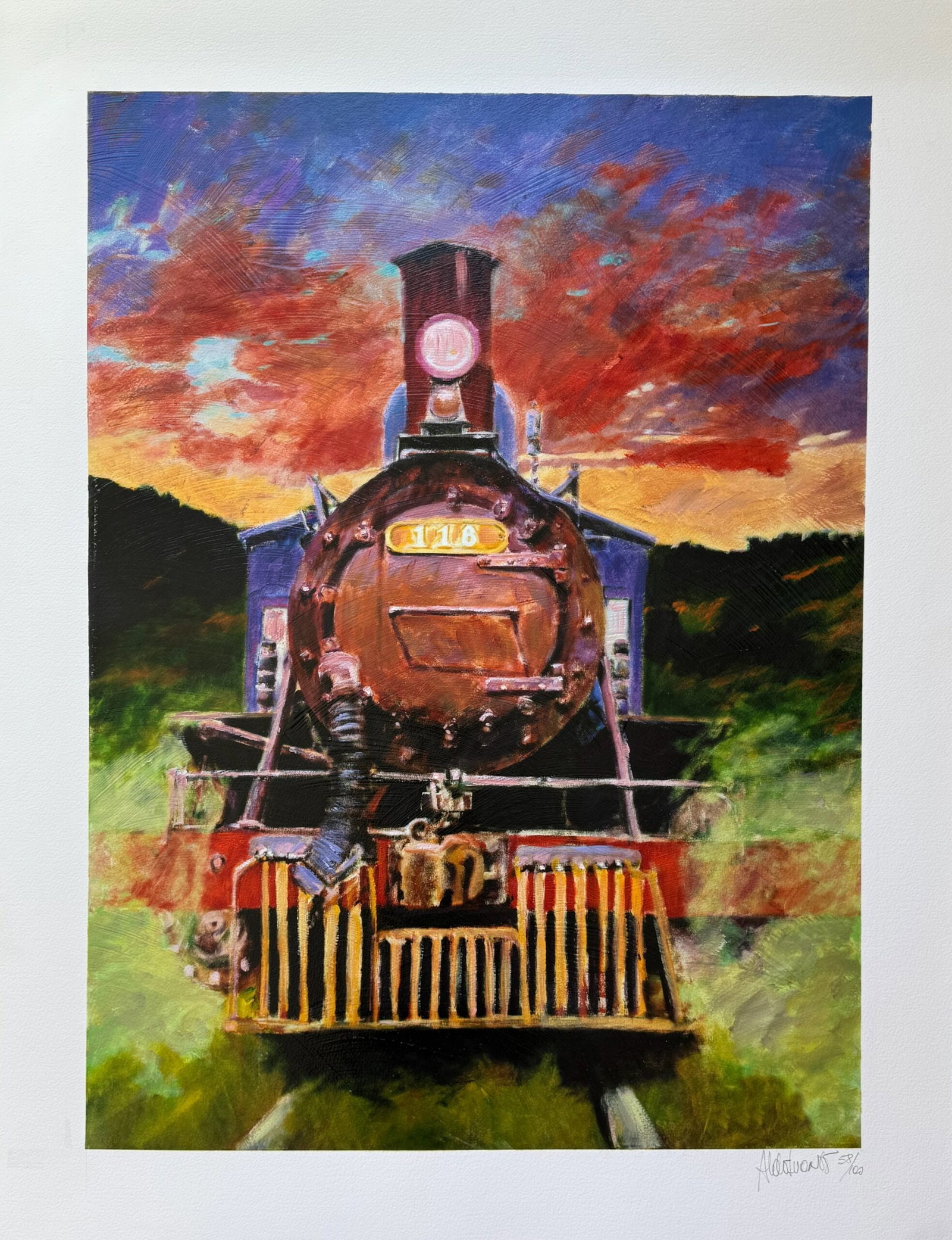 Aldo Luongo OLD AND GLORIOUS TRAIN Hand Signed Limited Edition Serigraph Art: This is a hand signed serigraph by Aldo Luongo titled Old and Glorious. Beautiful art piece on thick BFK Rives paper. Paper measures: 40? x 31 inches. Image measures 33.5 inches x 25 inches. Hand sign