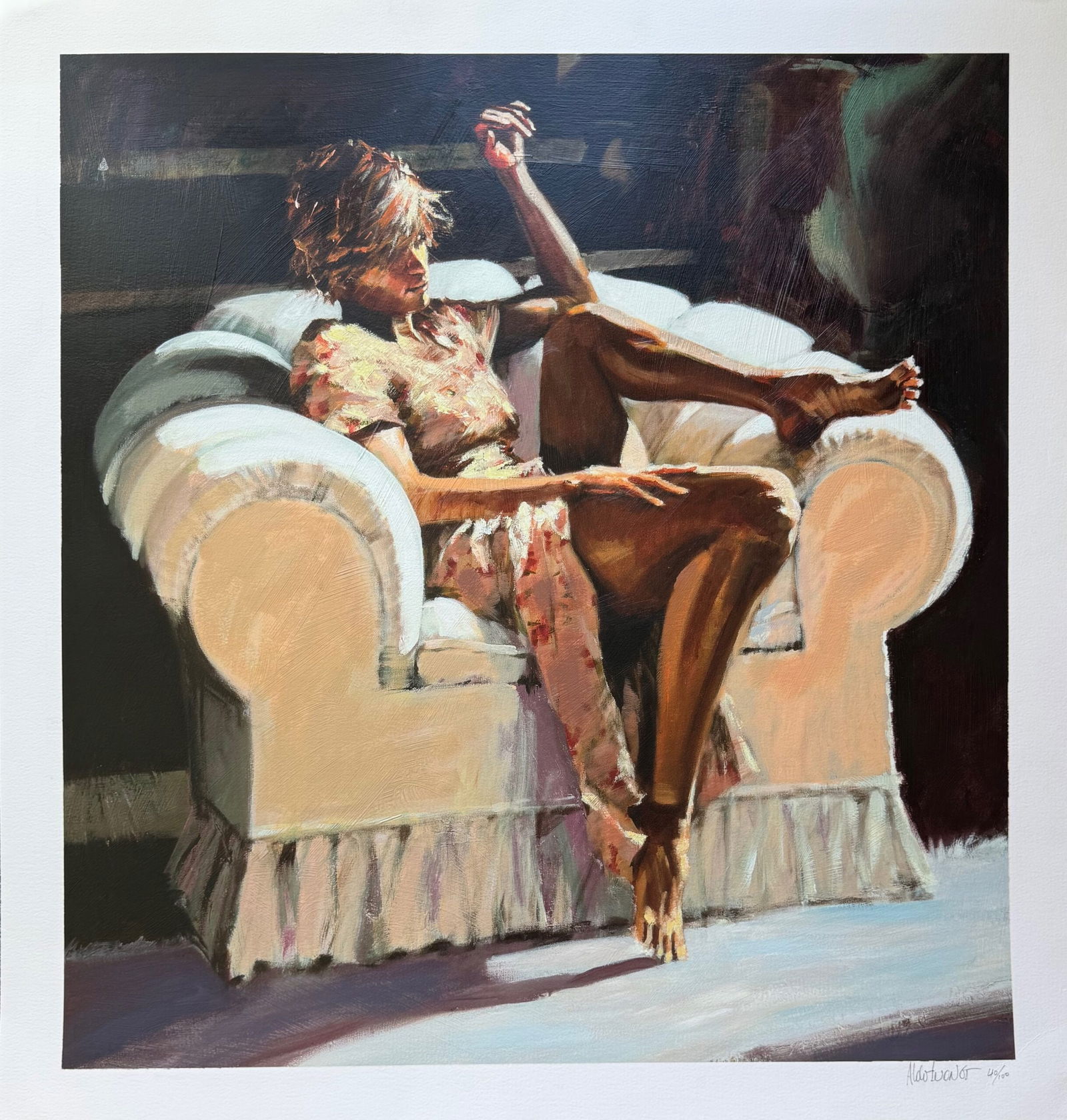 Aldo Luongo SUNSET ROOM Hand Signed Limited Edition Serigraph Art: This is a hand signed serigraph by Aldo Luongo titled Sunset Room. Beautiful art piece on BFK Rives paper. Paper measures: 36 inches x 34 inches. Image measures 32 inches x 30?. Hand signed and number