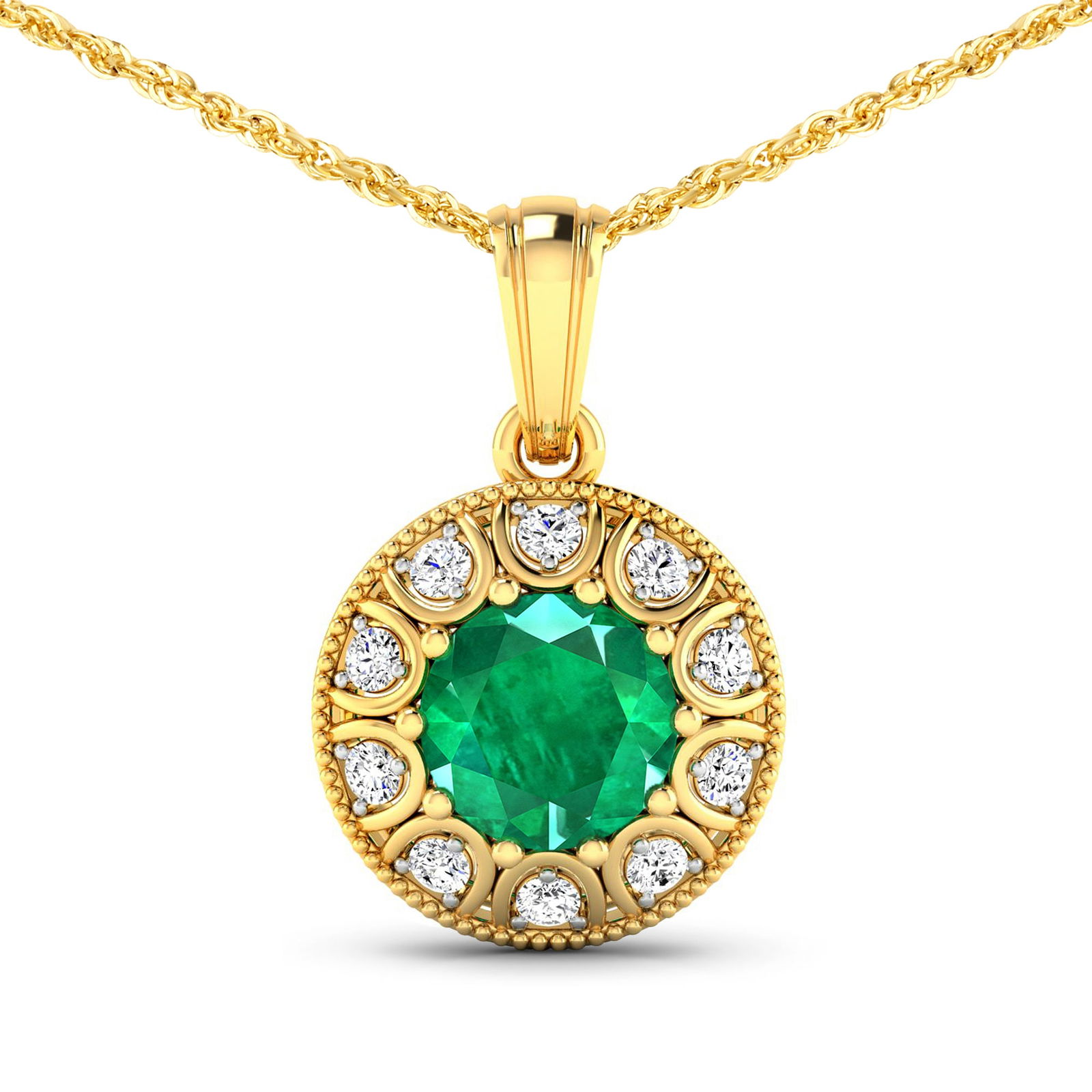 14KT Yellow Gold 1.8ctw Zambian Emerald and Diamond Pendant: Zambian Emerald (AA) Round 8.00mm - 1Pc + White Diamond F/C Round 2.00mm - 10Pcs ( White Pan Rhodium ) ( SI-2/HI ) Total weight of gemstone is 1.8cts. Total Diamond weight is 0.3cts. Total weight of t