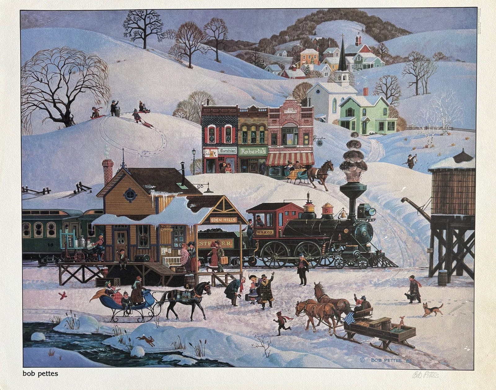 Bob Pettes HOME FOR CHRISTMAS Hand Signed 1982 Lithograph: This is a hand signed lithograph by Bob Pettes titled Home for Christmas, Meeting the Train. Published in 1982. Paper measures: 14.5 inches x 19 inches. Image measures 14 inches x 18.5 inches. Hand si