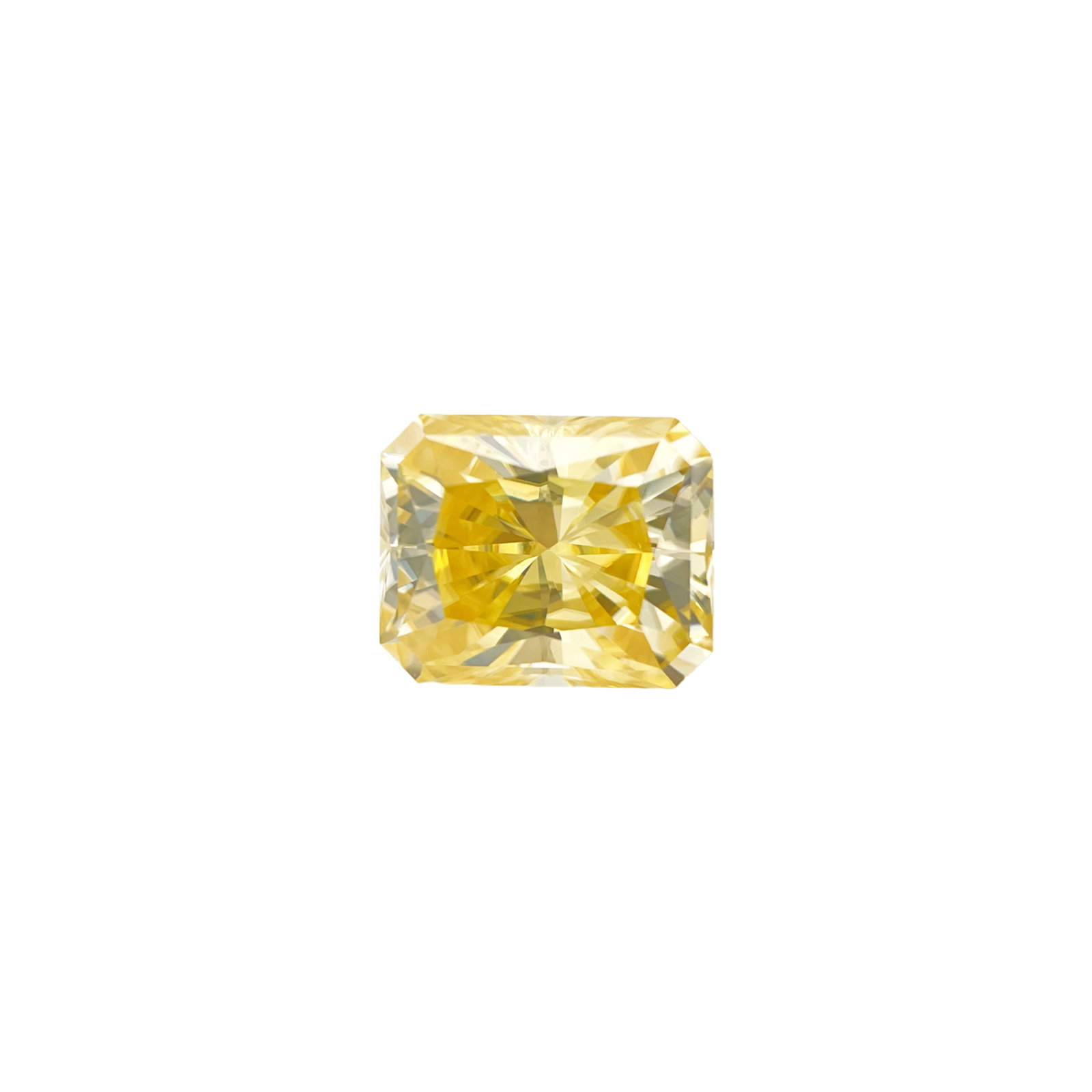 Sparkling 5 Ct VVs1 Bright Lemon Yellow Fire Moissanite Solitaire: This Large 5 Ct VVs1 Moissanite Fancy Radiant Cut Measures 9 x11 mm. It is eye clean and bursting out with a full spectrum of colors. With a refractive index of 2.65-2.69, this Fire Moissanite exhibit