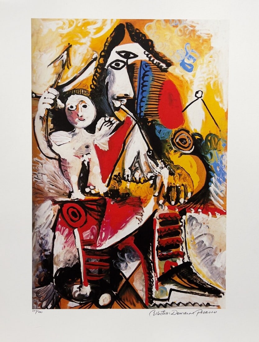 Pablo Picasso CHILD ON MAN’S LAP Estate Signed Limited Edition Giclee: This is a PABLO PICASSO (ESTATE COLLECTION DOMAINE) (1881-1973) small giclee titled CHILD ON MANS LAP. This piece is pencil signed on the lower right as Collection Domaine Picasso and has an embossed