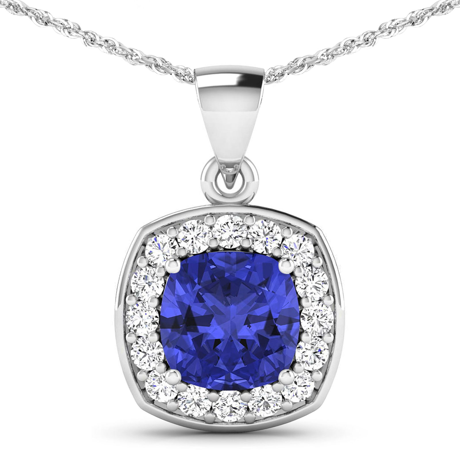 14KT White Gold 2.10ct Tanzanite and Diamond Pendant with Chain: 1 Tanzanite stone with a total weight of 2.10cts. Tanzanite (AA+) Cushion 8.00mm - 1Pc + White Diamond F/C Round 2.00mm - 16Pcs ( Diamond Quality : SI-2/HI ). Diamonds with a total weight of 0.48cts.