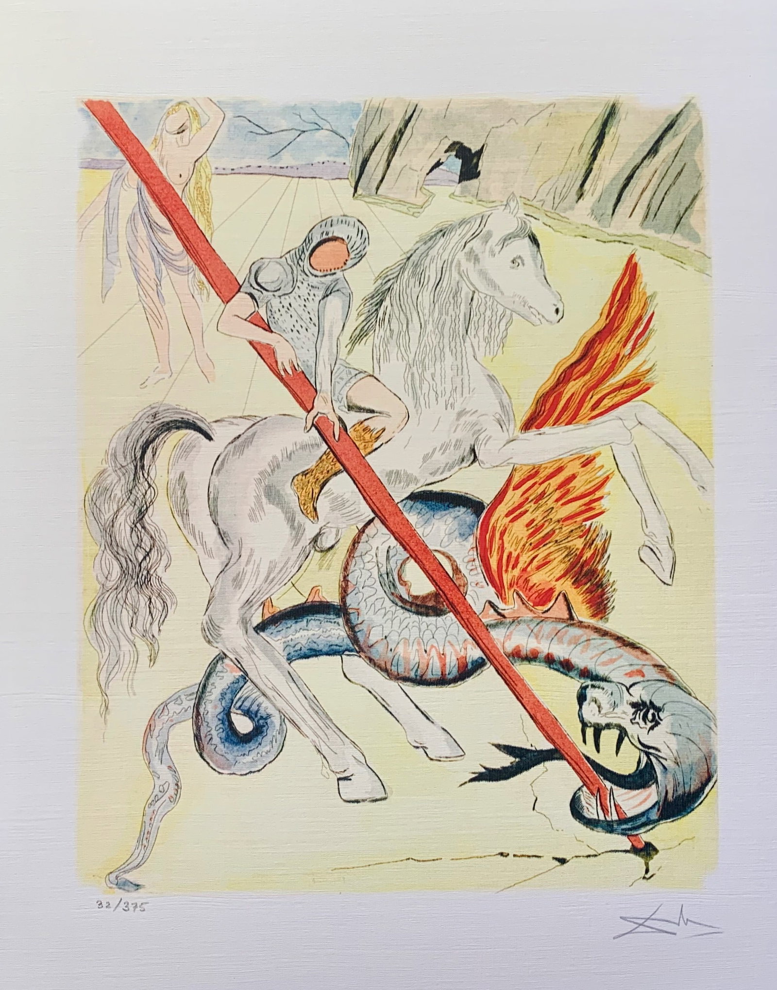 Salvador Dali SAINT GEORGE & DRAGON Facsimile Signed Limited Edition Giclee: This is a limited edition giclee titled SAINT GEORGE AND THE DRAGON by Salvador Dali. This piece is facsimile signed on the lower right. Pencil numbered from an edition of 375. Paper measures 17 inche