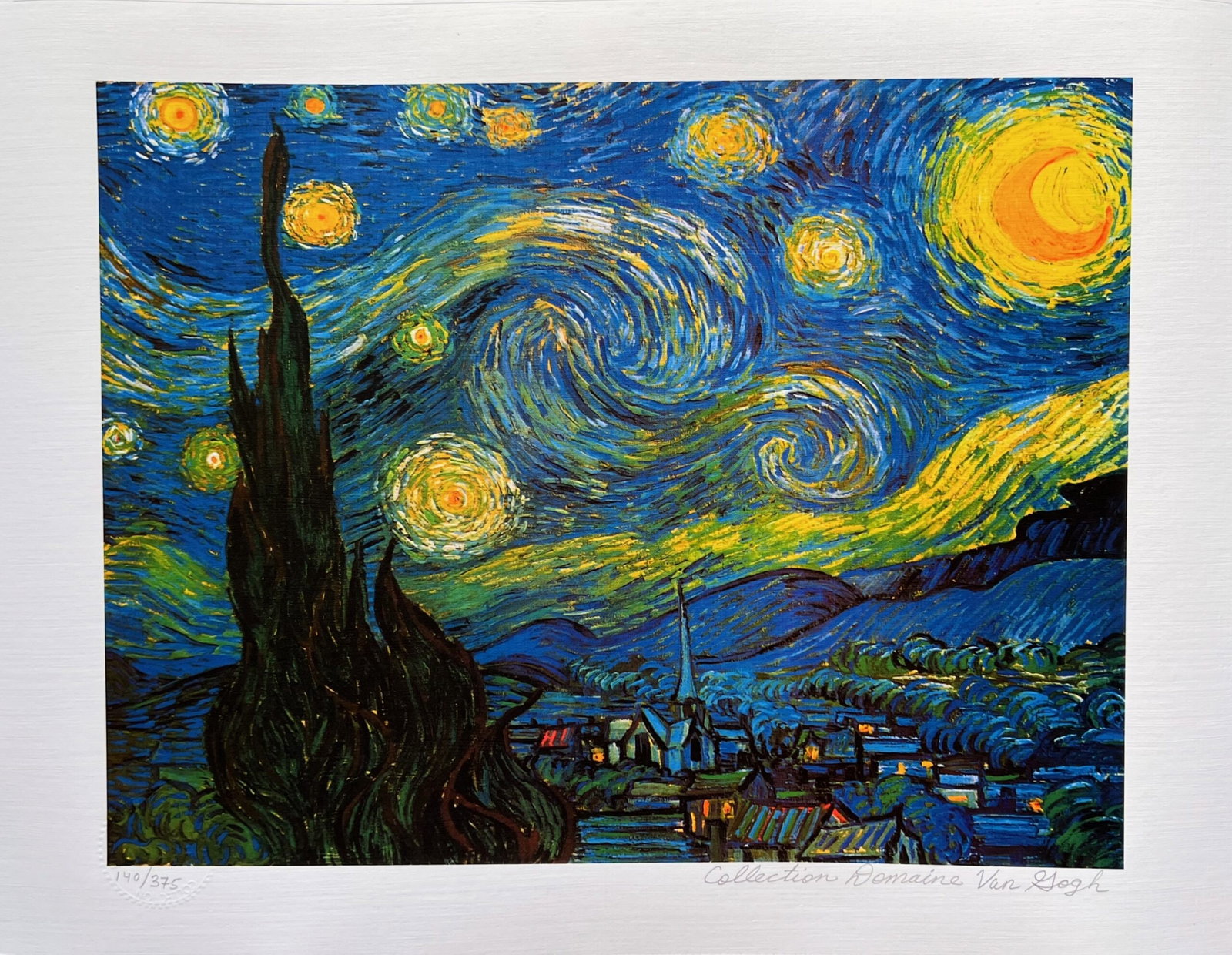 Vincent Van Gogh STARRY NIGHT Estate Signed Limited Edition Giclee: This is a VINCENT VAN GOGH (ESTATE COLLECTION DOMAINE) giclee titled STARRY NIGHT. This piece is pencil signed on the lower right as Collection Domaine Van Gogh and has an embossed seal stamped by the